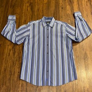 Bugatchi UOMO Blue Pinstriped Long Sleeve Button Down Mens Dress Shirt-Size M